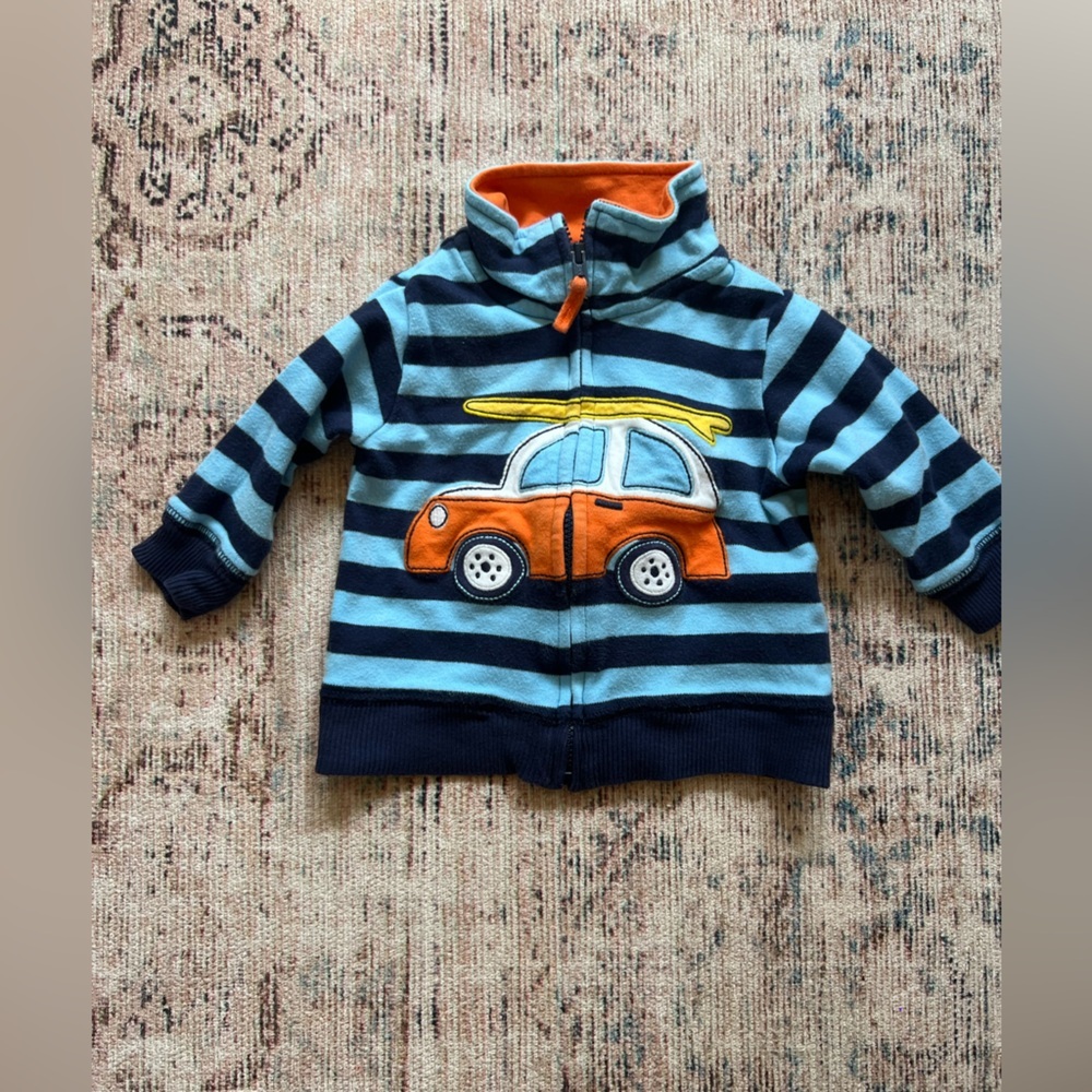 Carter's Blue and Orange Striped Hoodie with Car Design